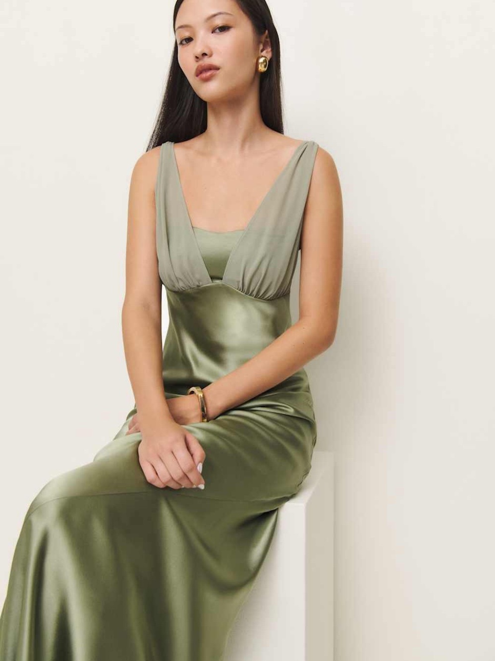 💚 NWT Reformation Lune Olive Green Silk Dress — Artichoke | Size 6